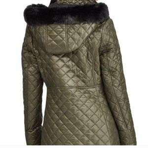 Lauren Ralph Lauren Olive Green Quilted Faux Fur Hood Warm Winter Coat M EUC
